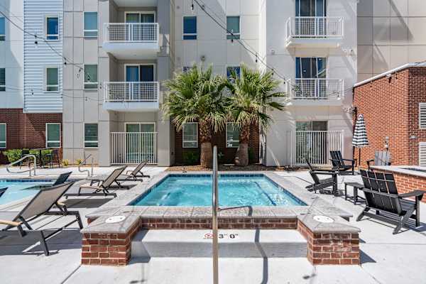 A pool surrounded by lounge chairs and a palm tree. at 605 Place Student Housing & Co-Living, St George, 84770